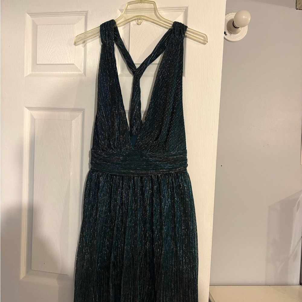 Lulu's Teal Metallic Plunging V-Neck Mini Dress
